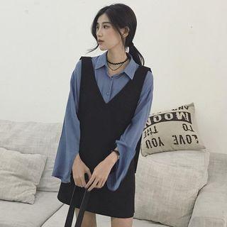 Set: Slit-sleeve Shirt + V-neck Pinafore Dress