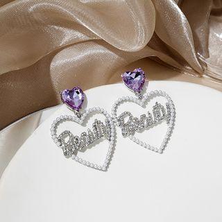 Lettering Rhinestone Heart Drop Earring E2485-2 - 1 Pair - Silver & Purple - One Size