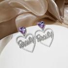 Lettering Rhinestone Heart Drop Earring E2485-2 - 1 Pair - Silver & Purple - One Size