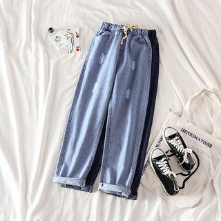 Drawstring Waist Ripped Straight Cut Jeans