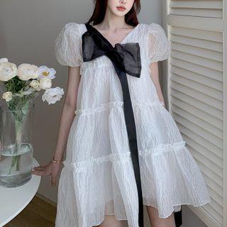Bow Ruffle Trim Puff-sleeve Dress