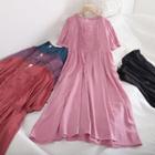 Lace Trim Pintuck Square Collar Midi Dress