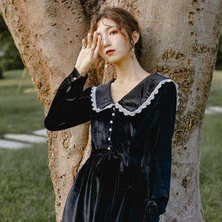 Lace Trim Collar Long-sleeve Midi A-line Dress