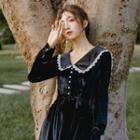 Lace Trim Collar Long-sleeve Midi A-line Dress