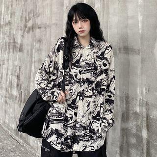 Long-sleeve Printed Button-up Oversized Shirt