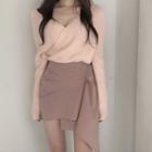 Long-sleeve Ribbed Knit Sweater / Asymmetric Plain Skirt