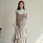 Ruffle-layered Floral Print Pinafore Dress