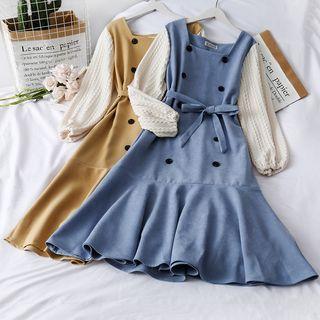 Knit-sleeved Buttoned A-line Dress