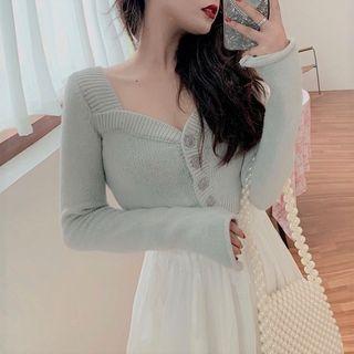 Long-sleeve Button Knit Top / Midi A-line Mesh Skirt