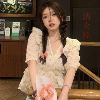 Short-sleeve Floral Print Chiffon Blouse Almond - One Size