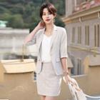 Set: 3/4-sleeve One-button Blazer + Mini Pencil Skirt
