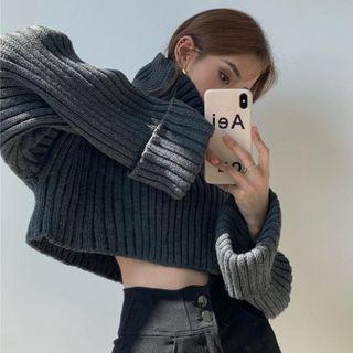 Turtleneck Plain Cropped Sweater Gray - One Size