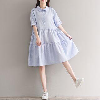 Striped Short Sleeve Tiered Midi Shirtdress