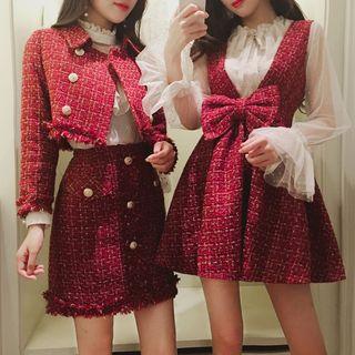 Cropped Tweed Jacket / High Waist A-line Skirt / Tweed Pinafore Dress / Set