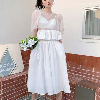 Set: Short-sleeve Mesh Blouse + Cropped Camisole Top + Midi Skirt