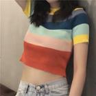 Color Block Short-sleeve Lightweight Cropped Knit Top