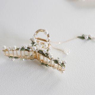 Faux Pearl Hair Claw Gold & Green & Off-white - One Size