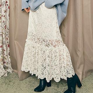 Ruffle-hem Maxi Lace Skirt