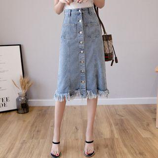 Fringe Buttoned Midi Denim Skirt