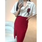 Short-sleeve Rose Print Shirt / Side Slit Midi Skirt