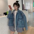 Mock Two-piece Plaid Panel Denim Jacket As Shown In Figure - One Size