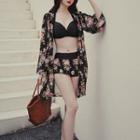 Set: Bikini Top + Floral Print Skirt + Coverup Light Jacket
