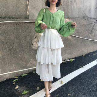 V-neck Blouse / Tiered Midi Skirt