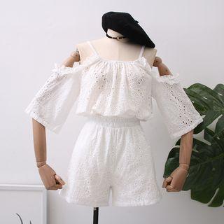 Set: Off-shoulder Eyelet Linen Top + Shorts White - One Size
