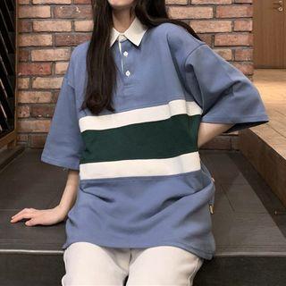 Elbow-sleeve Colored Panel Polo Shirt