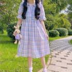 Short-sleeve Double-breasted Plaid Midi A-line Dress