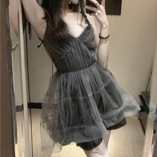 Plain Single--breasted Blazer / Mesh Spaghetti Strap Mini Dress
