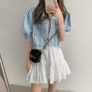 Puff-sleeve Denim Button Jacket / Mini A-line Skirt