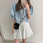 Puff-sleeve Denim Button Jacket / Mini A-line Skirt