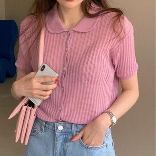 Short-sleeve Ribbed Cardigan Pink - One Size