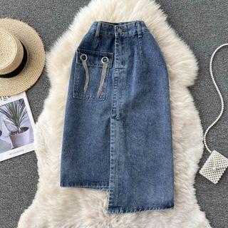 High-waist Asymmetrical Hem A-line Denim Skirt