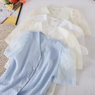 V-neck Panel Mesh Short-sleeve Top