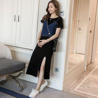 Set: Short-sleeve T-shirt Dress + Denim Camisole