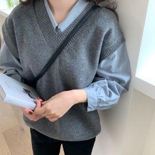 Long-sleeve Plain Shirt / V-neck Plain Knit Vest