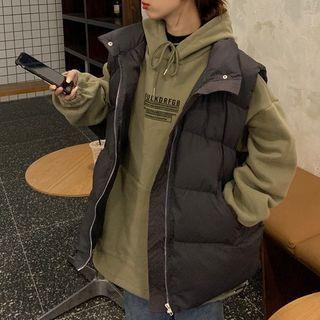 Lettering Print Drawstring Hoodie / Padded Zip Vest