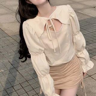 Long-sleeve Tie-neck Mesh Trim Blouse