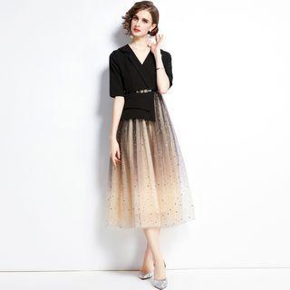 Mock Two-piece Puff-sleeve Midi A-line Mesh Dress