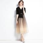 Mock Two-piece Puff-sleeve Midi A-line Mesh Dress
