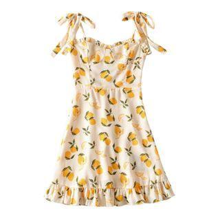 Lemon Print Spaghetti Strap Ruffle Trim Mini A-line Dress