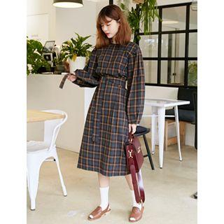 Tie-waist Check Long Dress