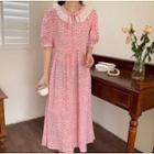 Short-sleeve Floral Print Lace Trim Smock Dress Pink - One Size