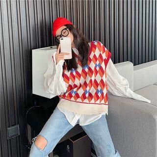 Long-sleeve Shirt / Patterned Knit Vest