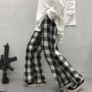 Plaid Side-slit Wide-leg Pants