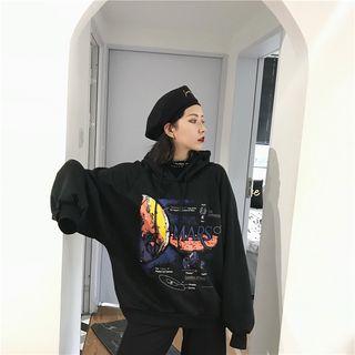 Long-sleeve Printed Hoodie Black - One Size