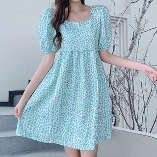 Puff Sleeve Square Neck Floral Print V-back A-line Dress