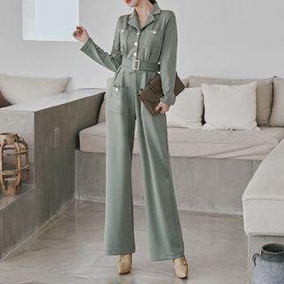 Collared Belted Wide Leg Jumpsuit